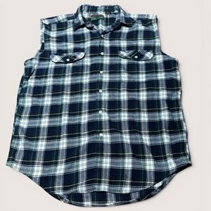 Vintage Structure Men's XL Sleeveless Plaid Flannel Shirt Blue Button Front